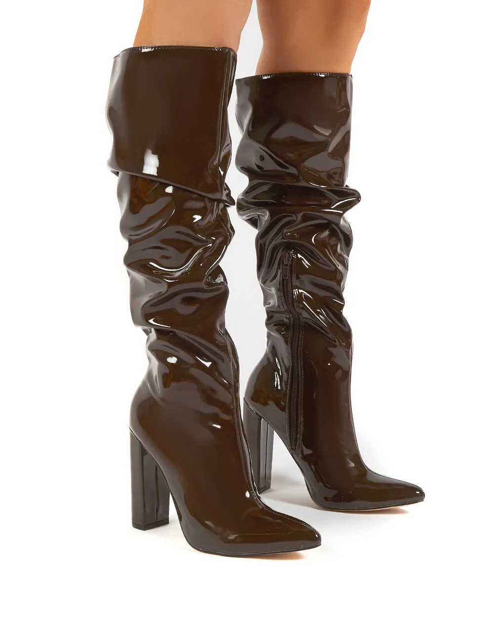 Yours Chocolate Wide Fit Patent Heeled Knee High Block Boots sold by Public Desire
