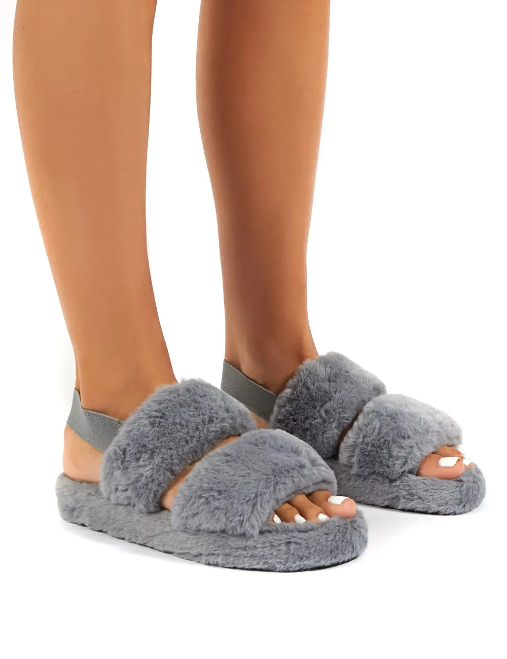 Lullaby Grey Fluffy Strap Back Slippers sold by Public Desire