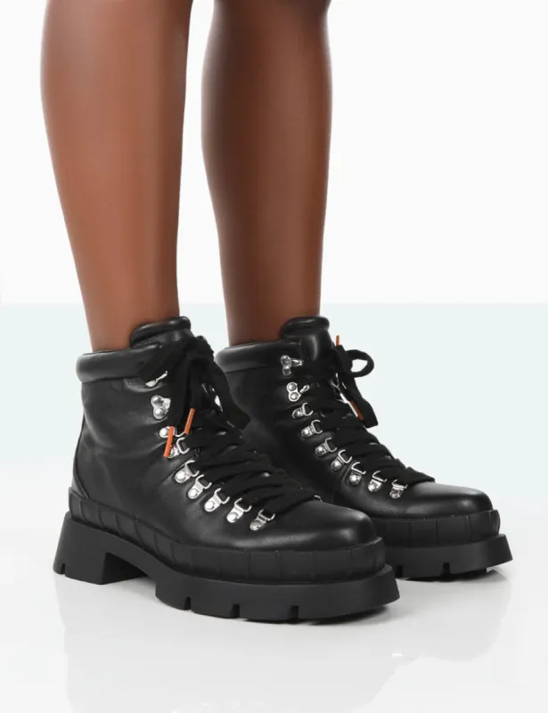 Hike There Black Pu Lace Up Chunky Sole Winter Boots sold by Public Desire