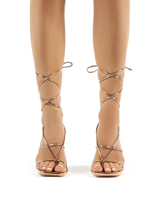 Hysteria Rose Gold PU Strappy Lace Up Clear Perspex Stiletto High Heels sold by Public Desire