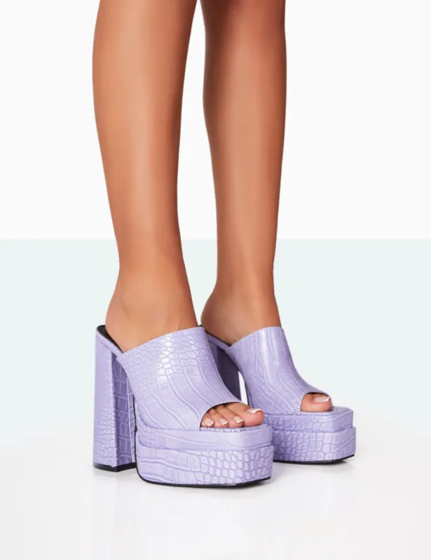 Skyhigh Neon Purple Croc Chunky Platform High Heeled Mules sold by Public Desire