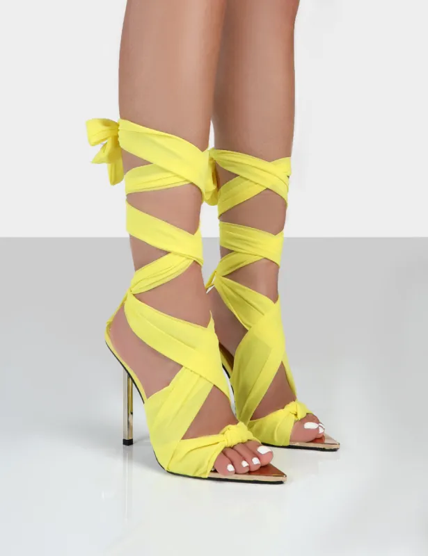 Huni Yellow Ribbon Tie Up Gold Stiletto Heels sold by Public Desire