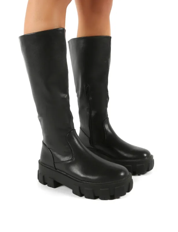 Karma Black Matte Chunky Sole Knee High Boots sold by Public Desire