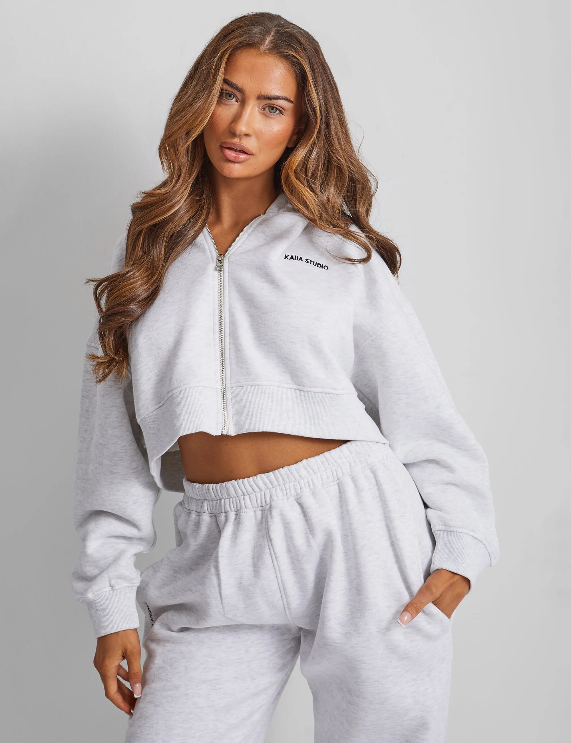 Kaiia Studio Cropped Zip Through Hoodie Light Grey Marl sold by Public Desire