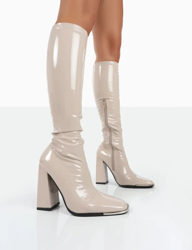 Caryn Nude Patent Nude High Heeled Boots sold by Public Desire