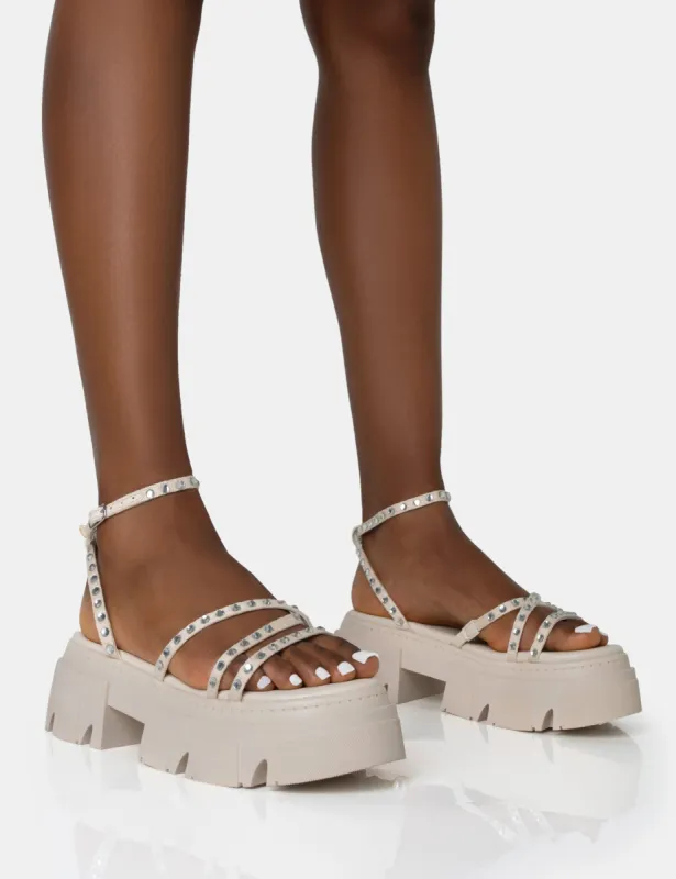 Orbit Ecru Diamante Strappy Chunky Platform Sole Sandals sold by Public Desire