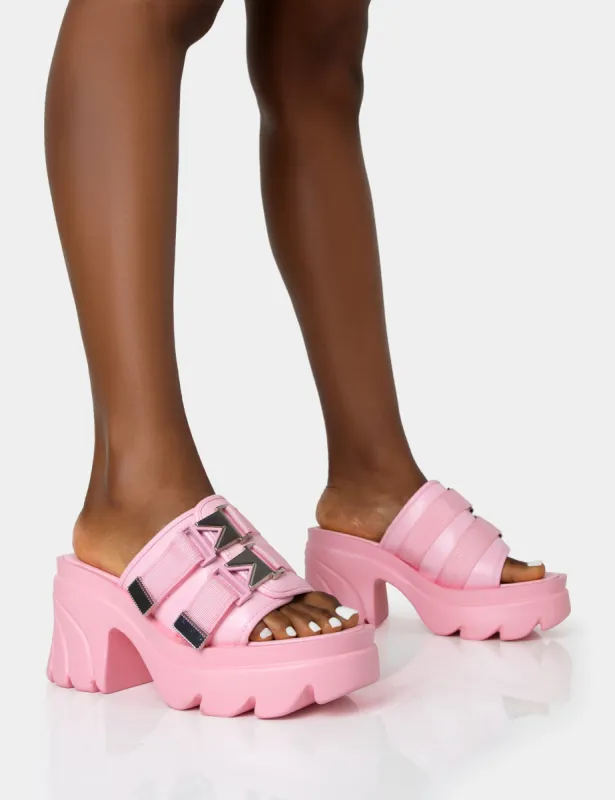 Oslo Pink Buckle Mule Platform Mid Heel Sandals sold by Public Desire