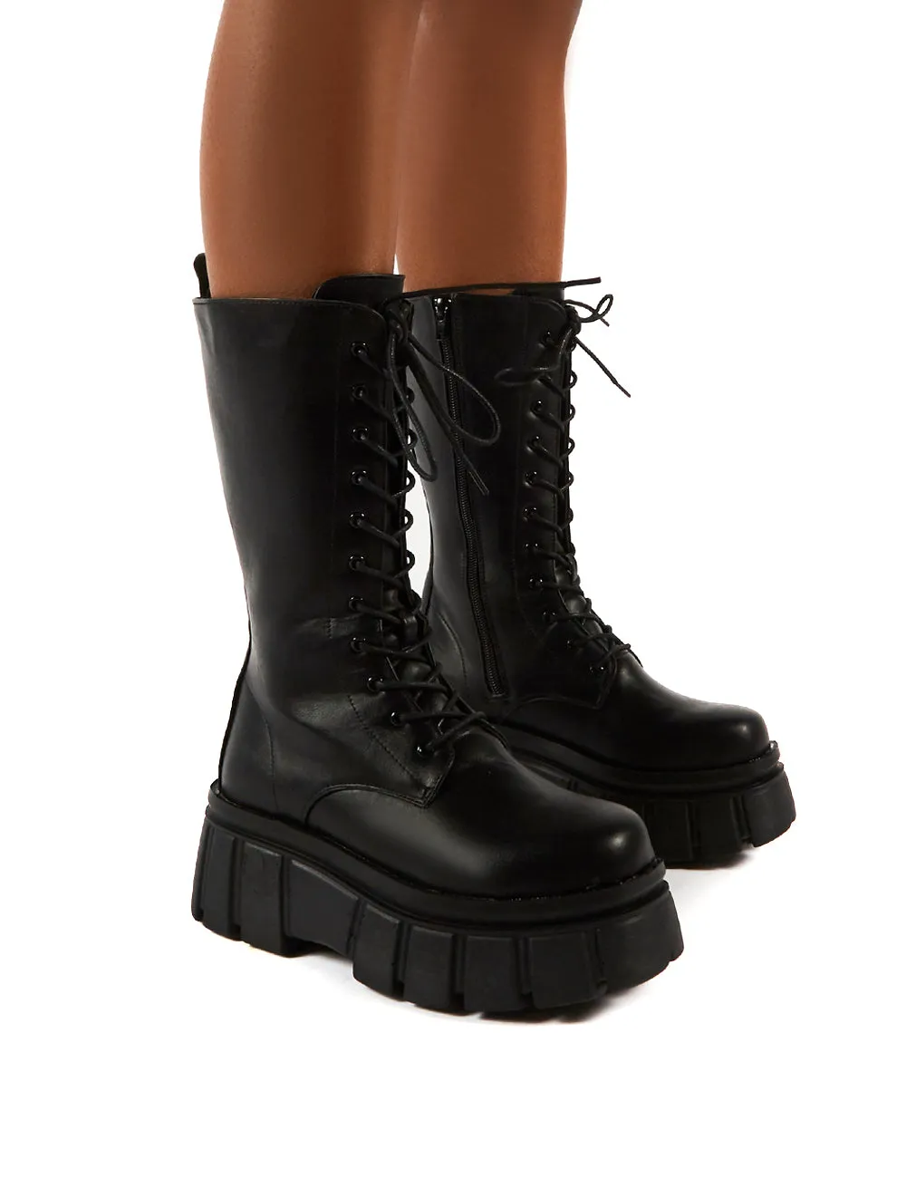 Jena Black Calf High Lace Up Chunky Sole Boots sold by Public Desire