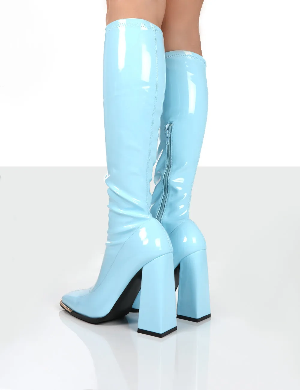Caryn Blue Patent Knee High Block Heeled Boots sold by Public Desire product image thumbnail 5