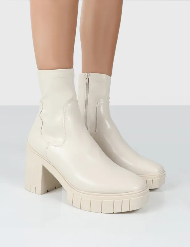 Obstacle Ecru Chunky Heeled Ankle Boots sold by Public Desire