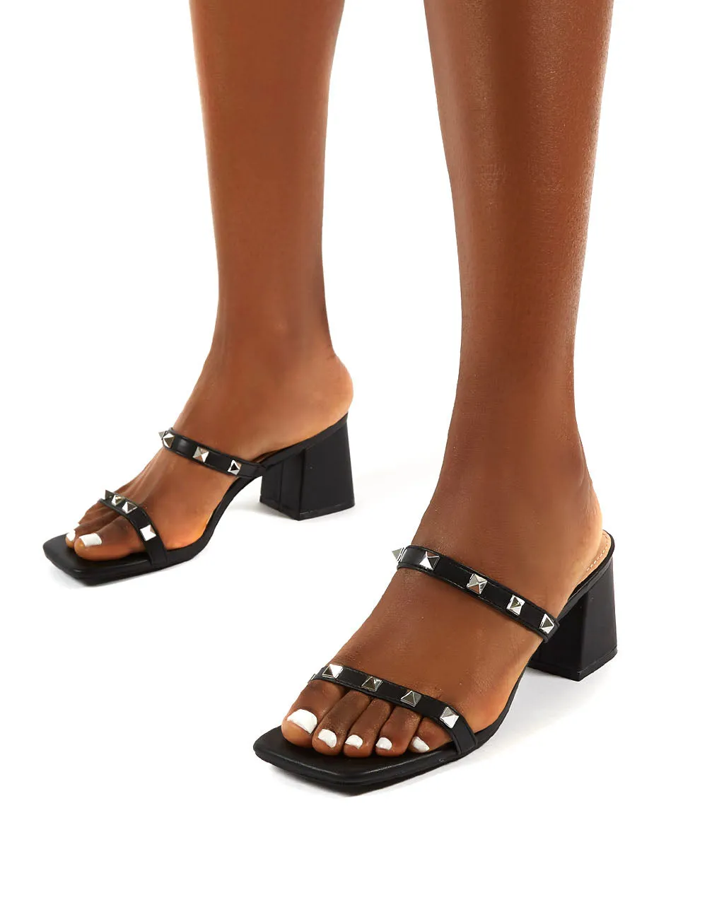 Forever Black Square Toe Studded Strap PU Block Heel Mule Sandals sold by Public Desire product image thumbnail 4