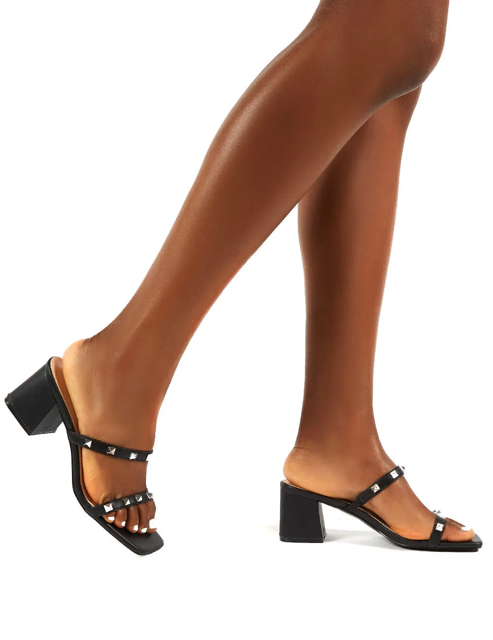 Forever Black Square Toe Studded Strap PU Block Heel Mule Sandals sold by Public Desire product image thumbnail 3