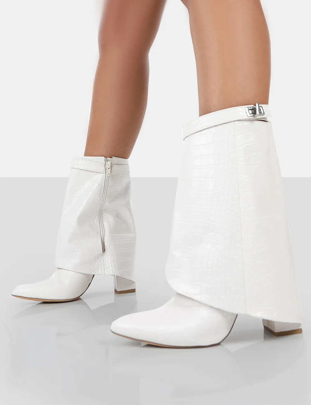 Fyre White Croc Pointed Toe Block Heeled Ankle Boots sold by Public Desire product image thumbnail 3