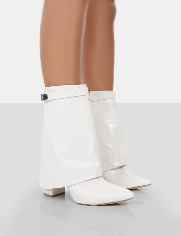 Fyre White Croc Pointed Toe Block Heeled Ankle Boots sold by Public Desire