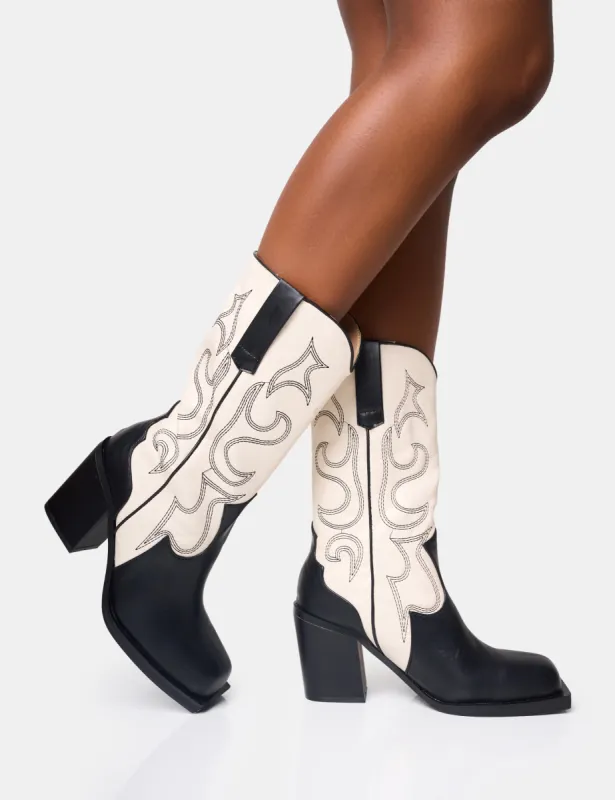 Texas Wide Fit Black and Ecru Western Block Heel Ankle Boots sold by Public Desire
