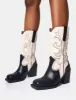 Texas Wide Fit Black and Ecru Western Block Heel Ankle Boots sold by Public Desire