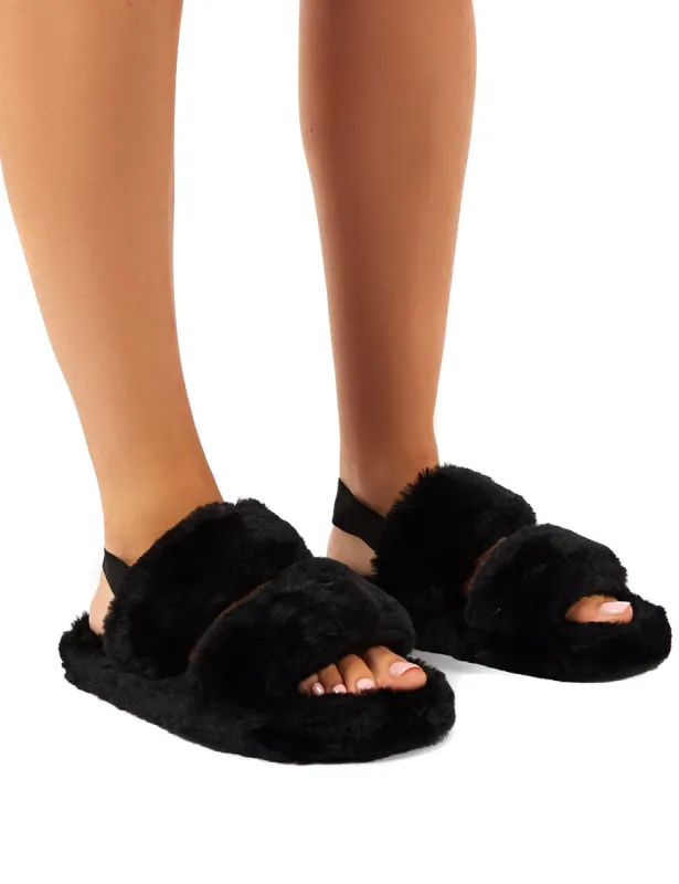 Lullaby Black Fluffy Strap Back Slippers sold by Public Desire