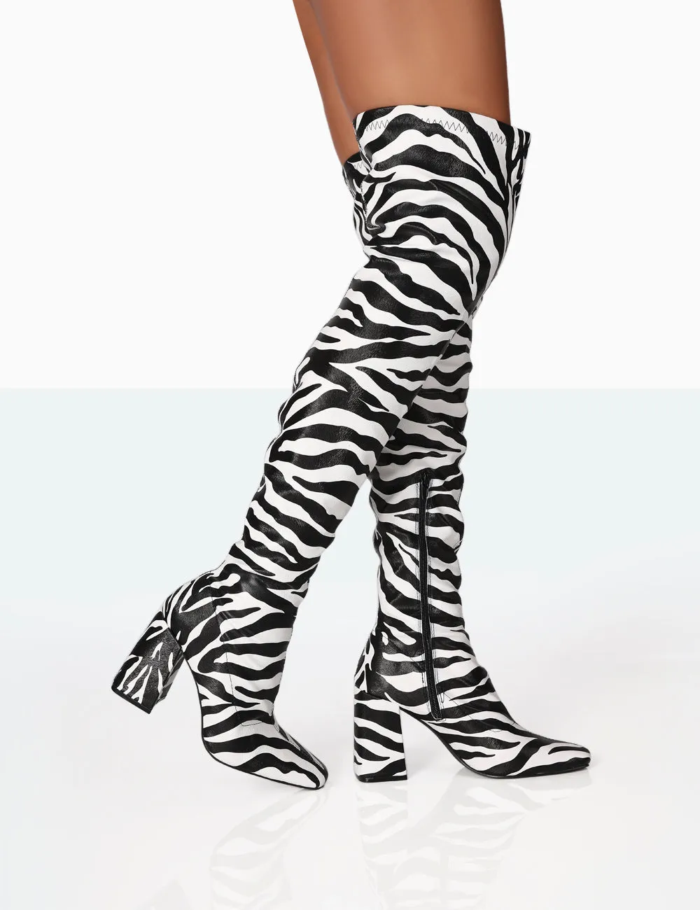 Meridian Zebra Grain PU Block Heel Over the Knee High Boots sold by Public Desire
