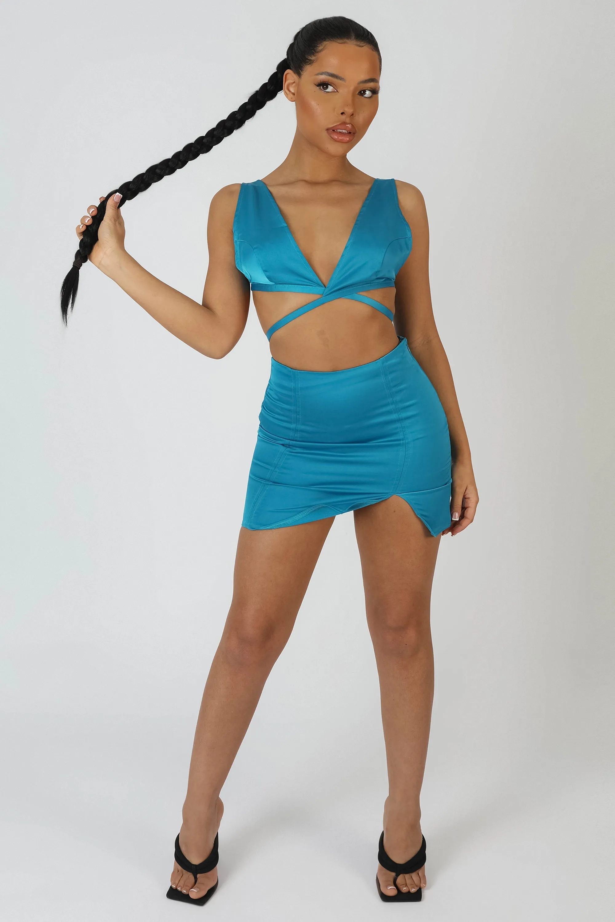 Split Front Satin Skirt Blue sold by Public Desire