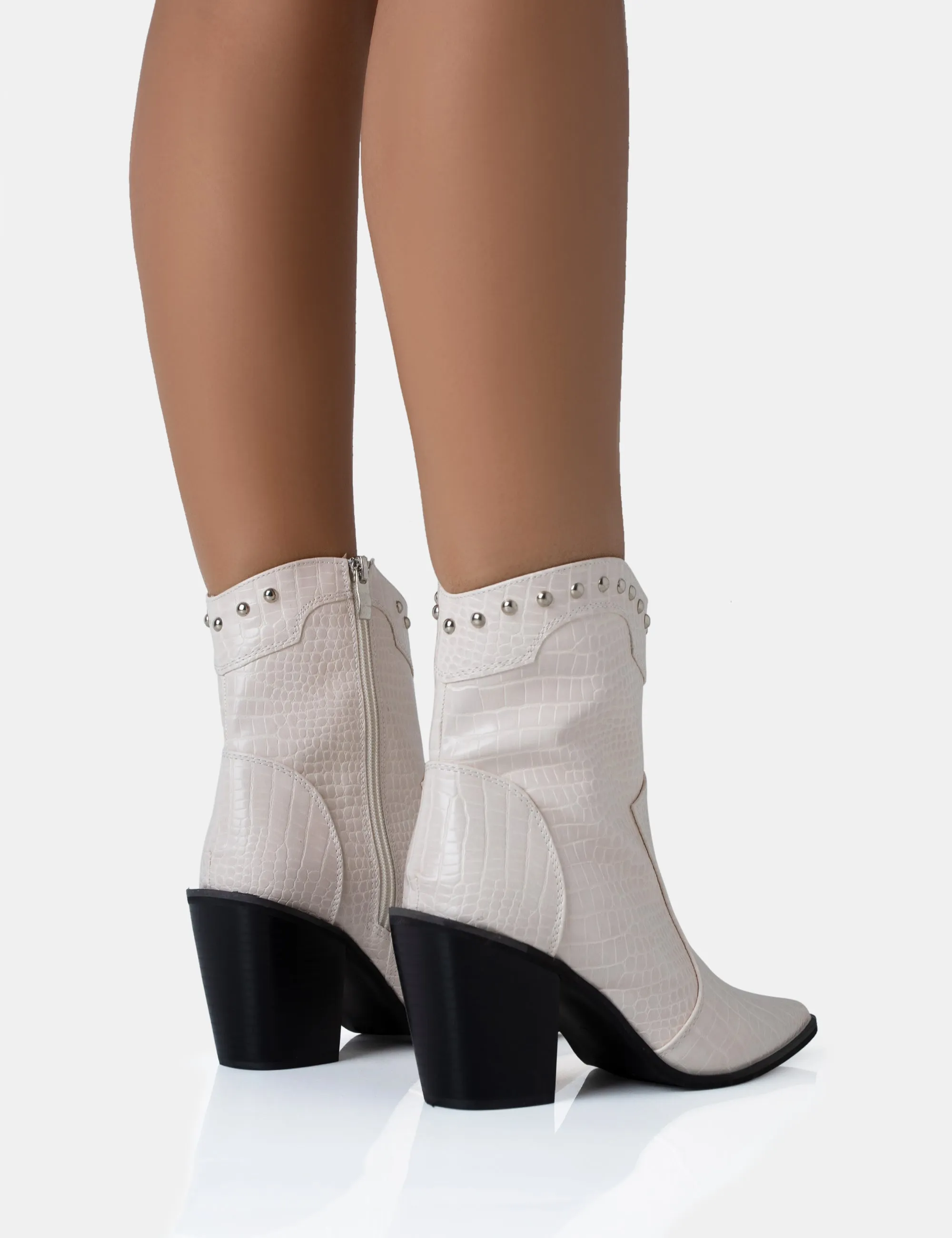 Riley Ecru Croc Metal Studded Detail Western Cowboy Block Ankle Boots sold by Public Desire product image thumbnail 4