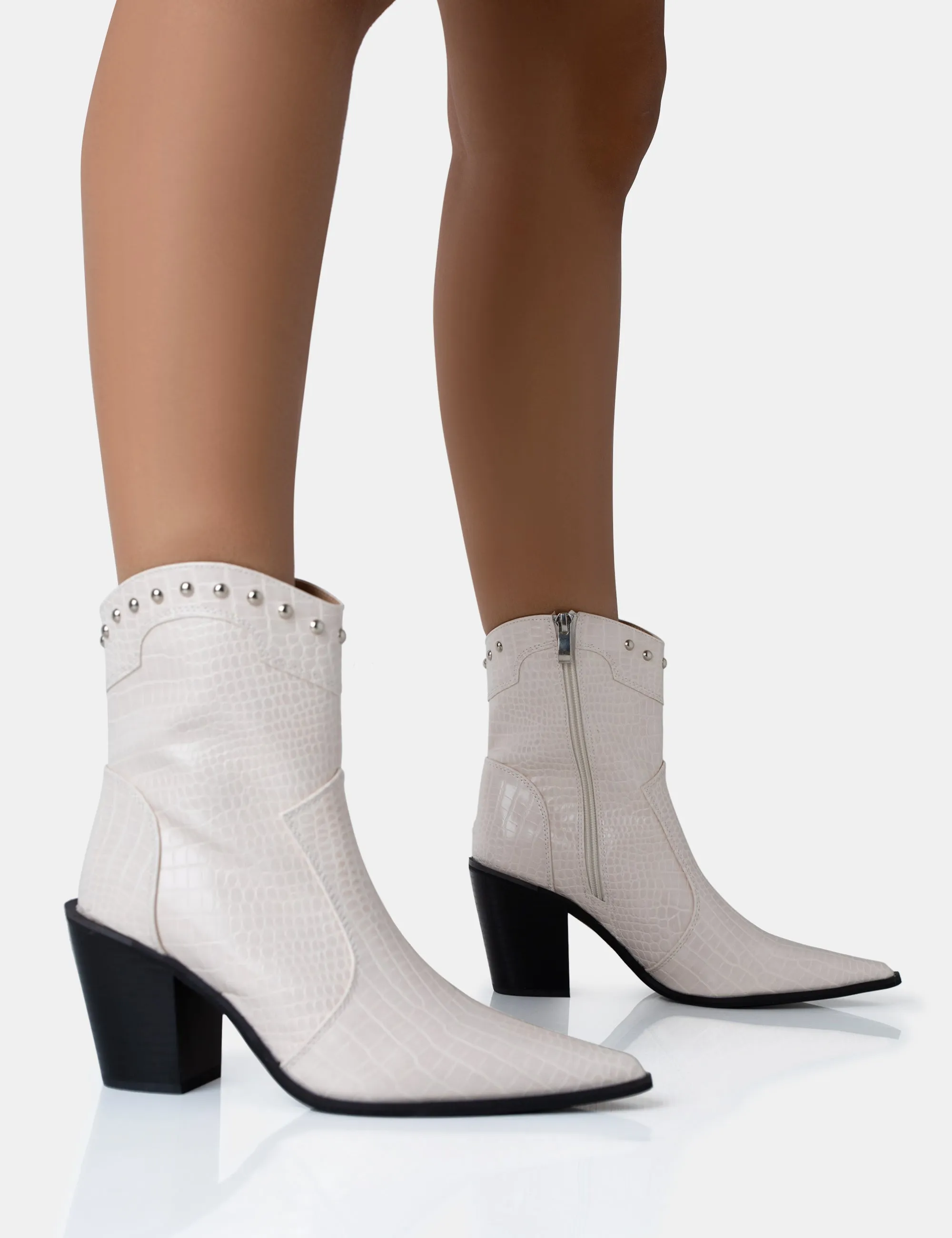 Riley Ecru Croc Metal Studded Detail Western Cowboy Block Ankle Boots sold by Public Desire