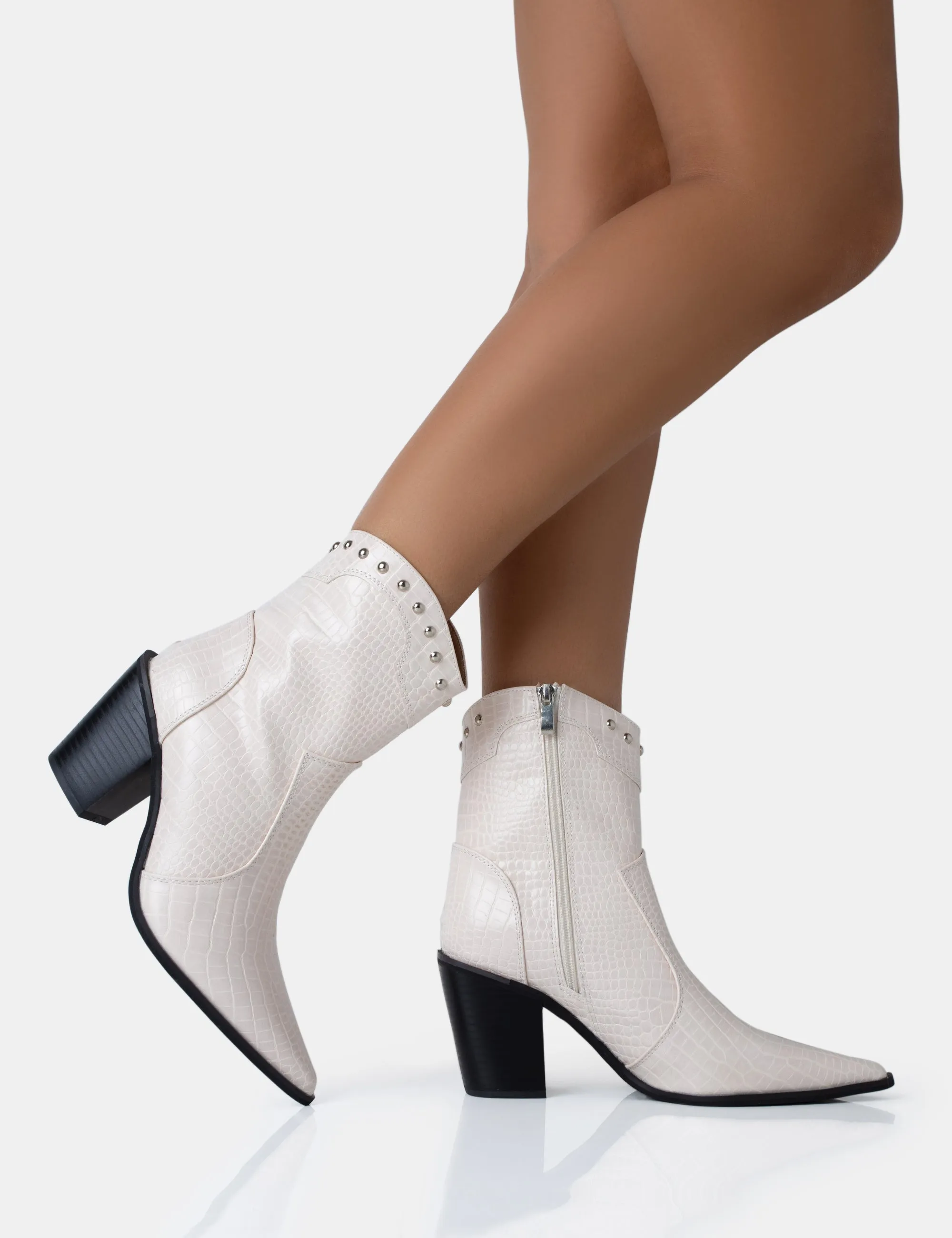 Riley Ecru Croc Metal Studded Detail Western Cowboy Block Ankle Boots sold by Public Desire product image thumbnail 2