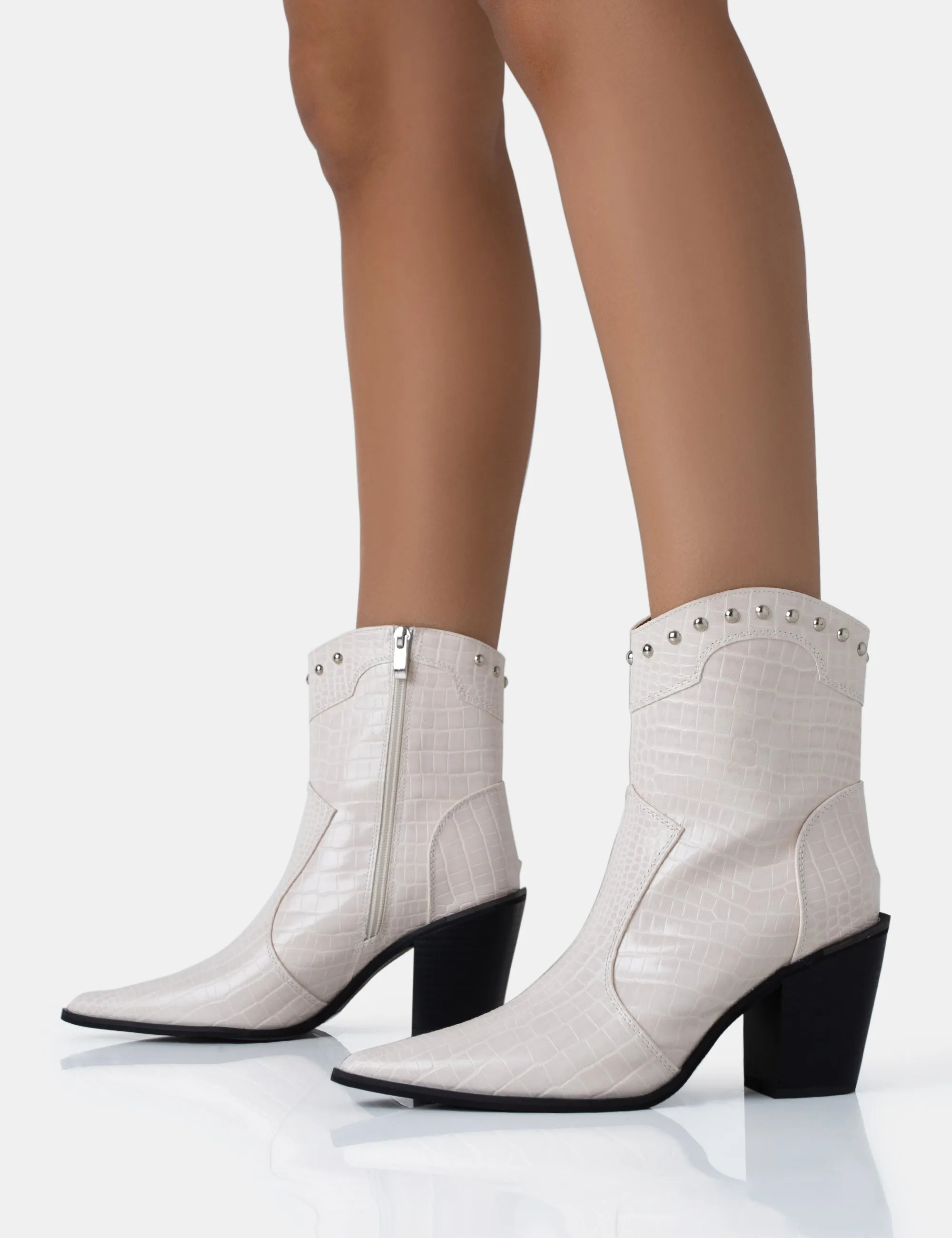 Riley Ecru Croc Metal Studded Detail Western Cowboy Block Ankle Boots sold by Public Desire product image thumbnail 3