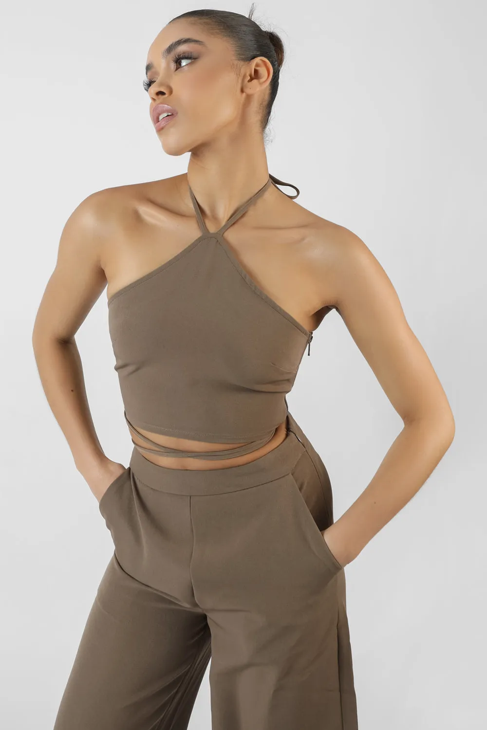 Halterneck Waist Strapping Crop Top Taupe sold by Public Desire