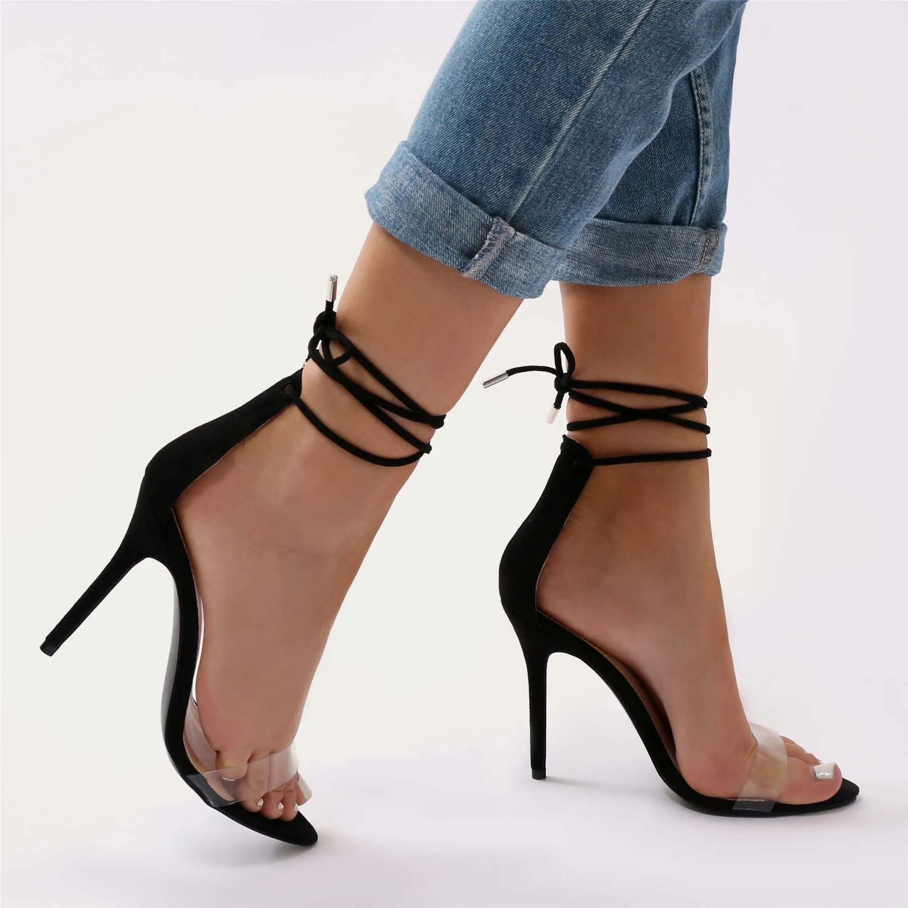 Stefani Lace Up Heels in Black Faux Suede sold by Public Desire