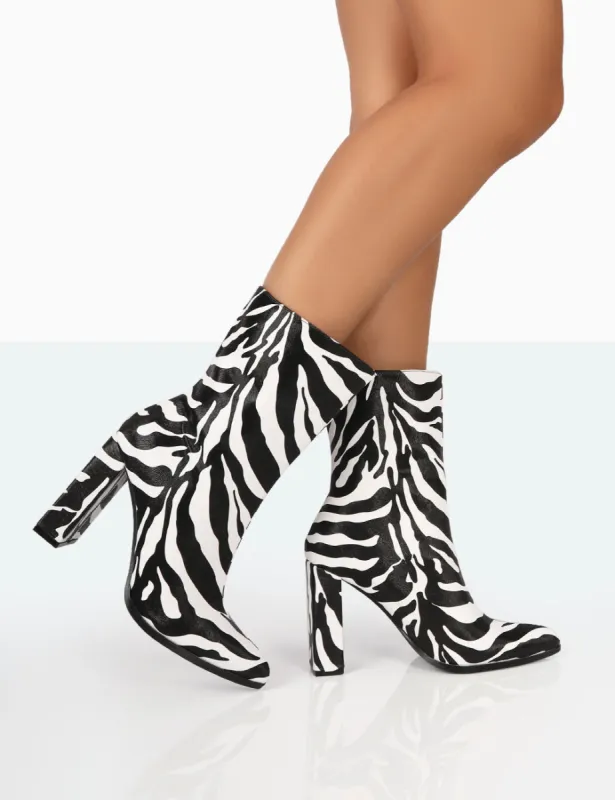 Bridget Zebra Printed PU Pointed Toe Block Heeled Ankle Boots sold by Public Desire