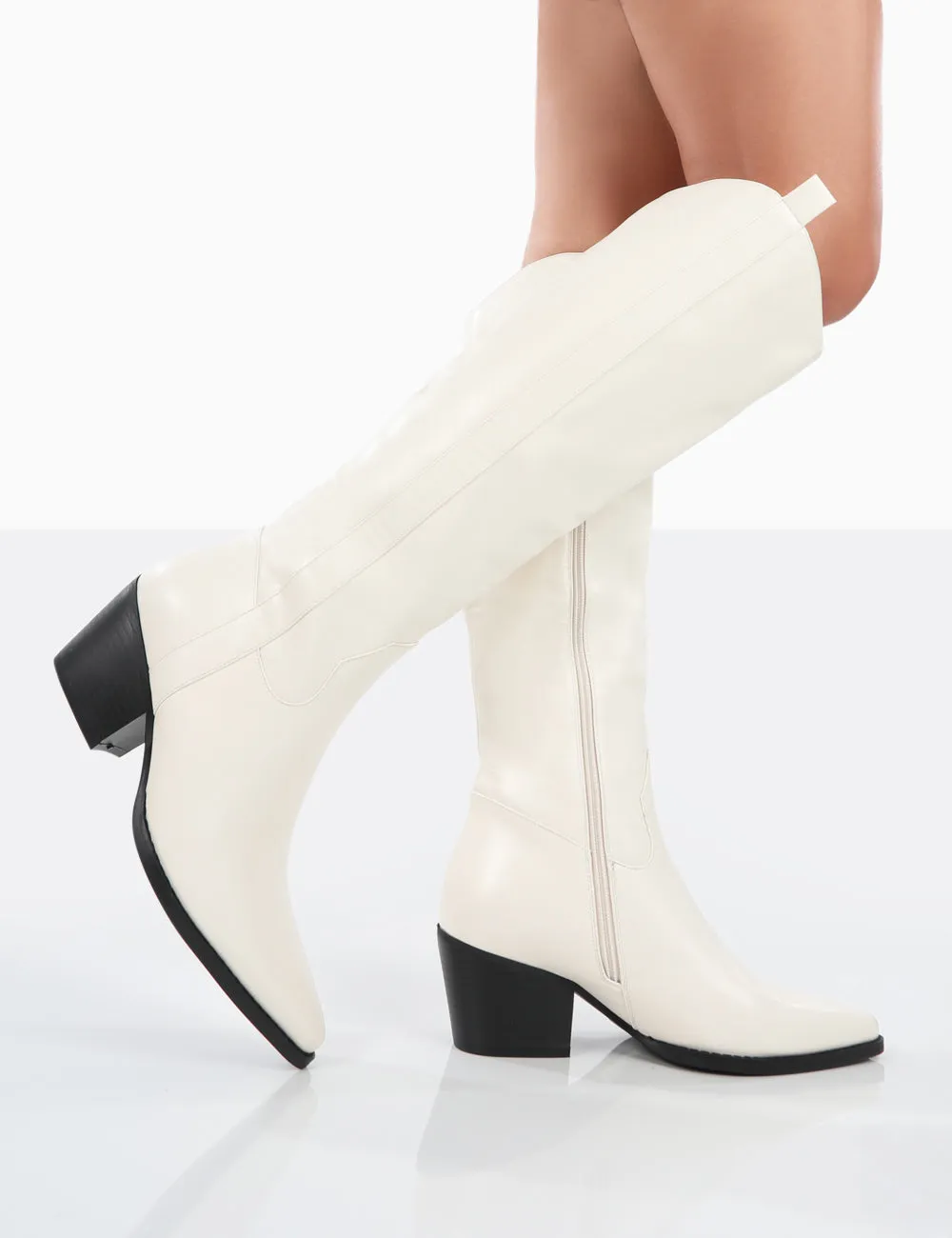 Texas Ecru PU Knee High Pointed Toe Heeled Western Cowboy Boots sold by Public Desire product image thumbnail 4