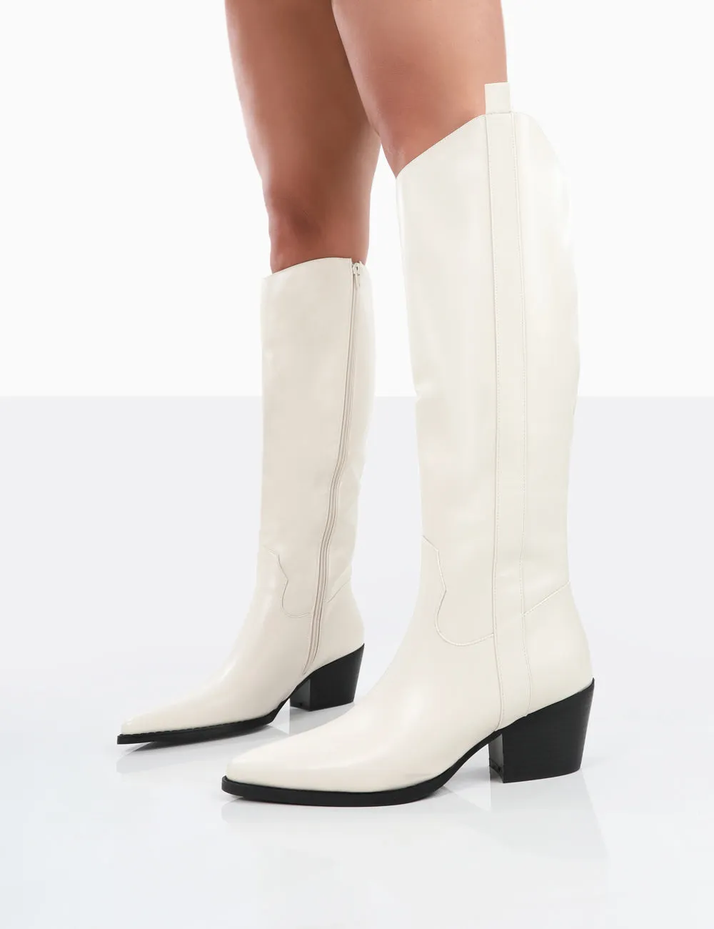 Texas Ecru PU Knee High Pointed Toe Heeled Western Cowboy Boots sold by Public Desire product image thumbnail 3