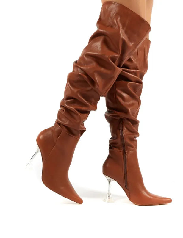 Adalee Tan PU Statement Heeled Slouch Over the Knee Boots sold by Public Desire