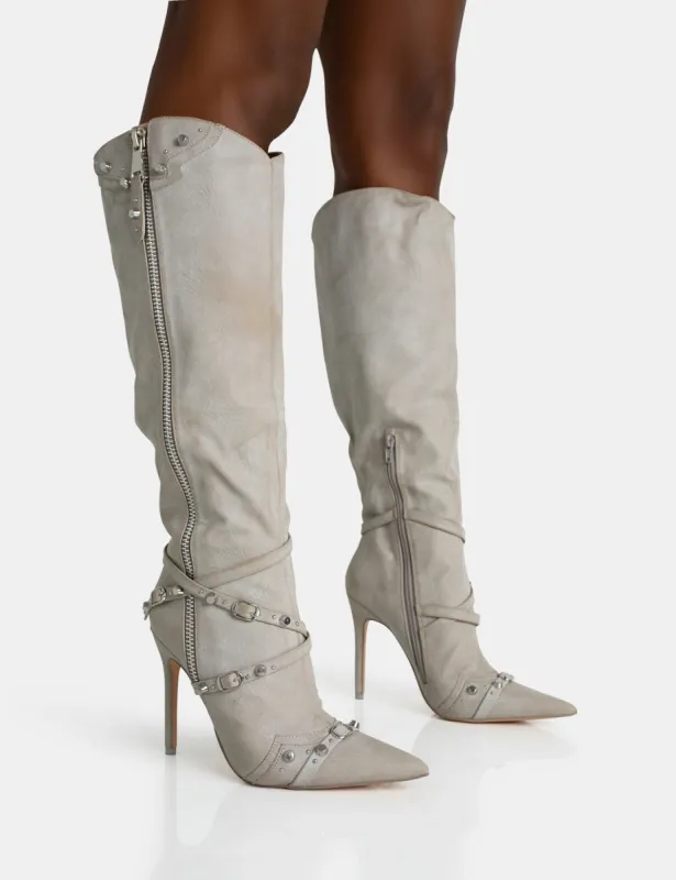 Worthy Aged Pu Studded Zip Detail Pointed Toe Stiletto Knee High Boots sold by Public Desire