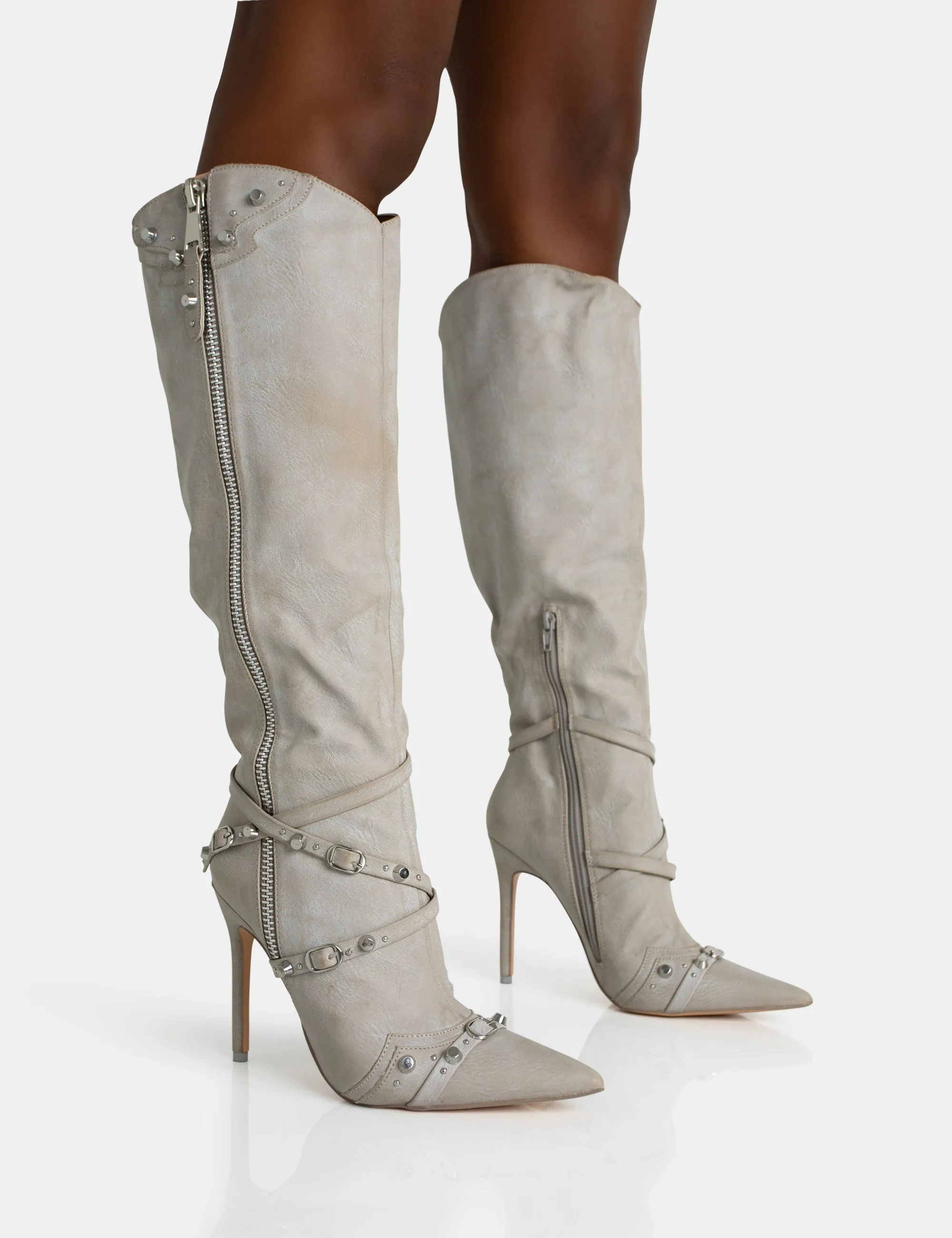 Worthy Aged Pu Studded Zip Detail Pointed Toe Stiletto Knee High Boots sold by Public Desire