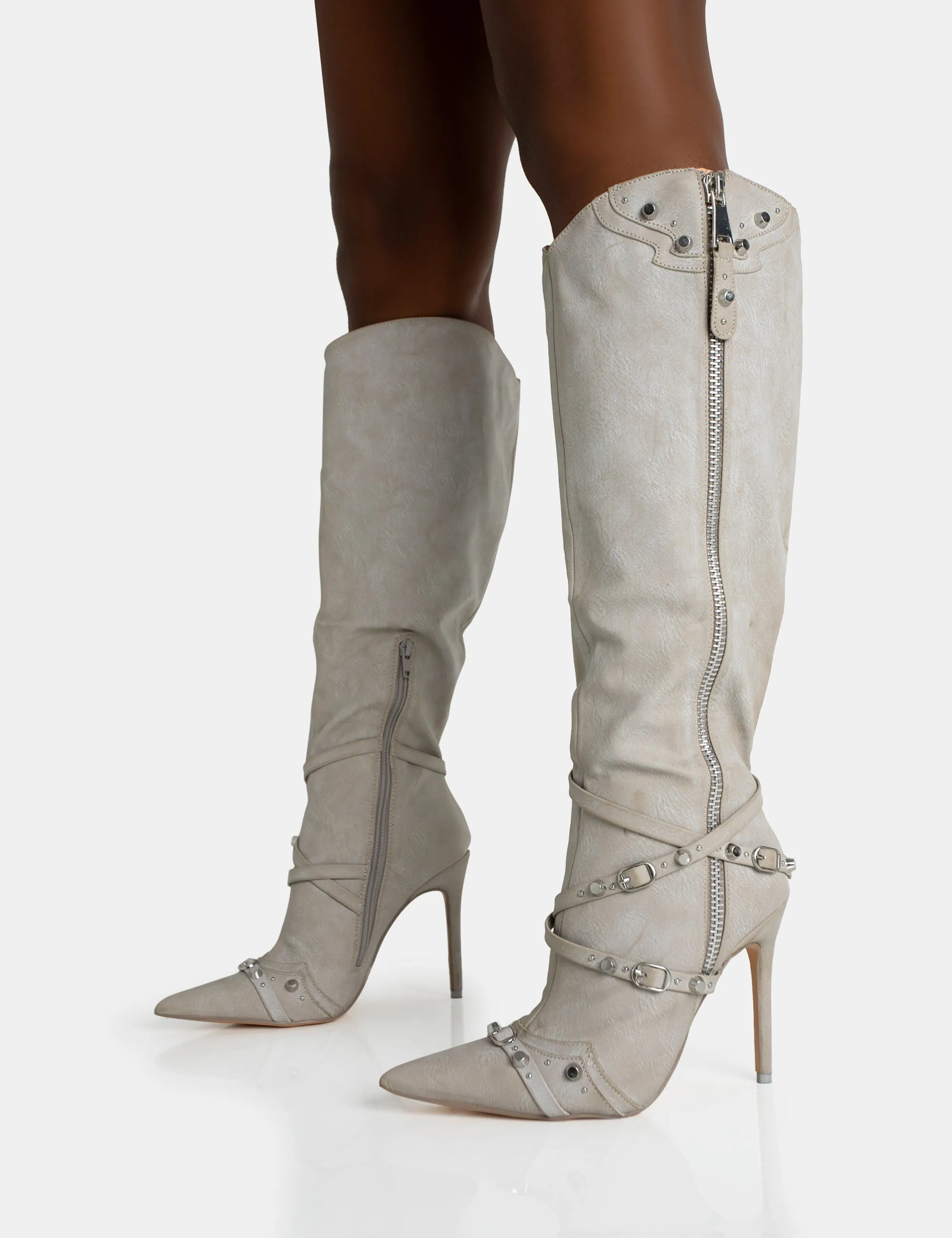 Worthy Aged Pu Studded Zip Detail Pointed Toe Stiletto Knee High Boots sold by Public Desire product image thumbnail 3