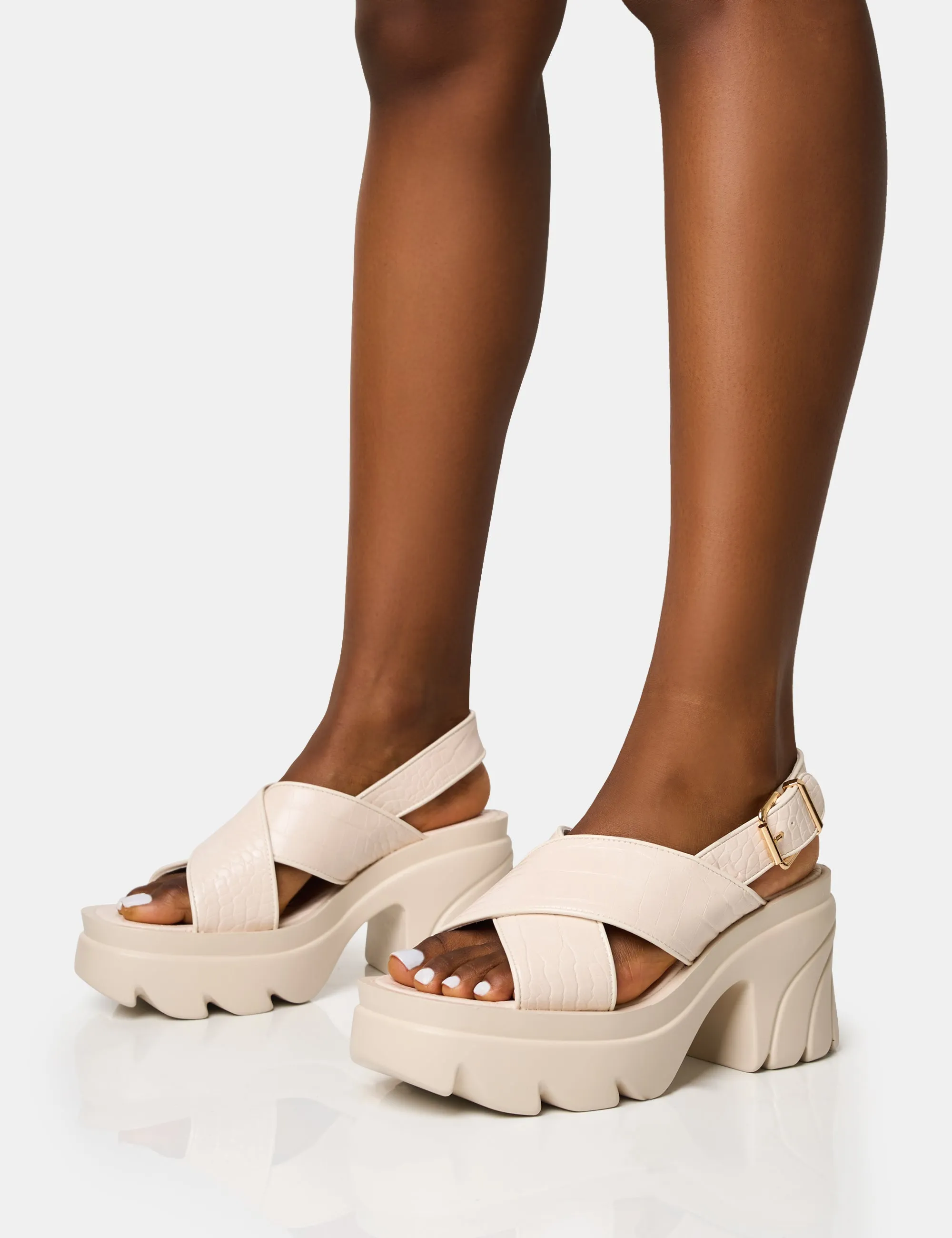 Flare White Cross Strap Chunky Mid Heel Sandals sold by Public Desire product image thumbnail 3