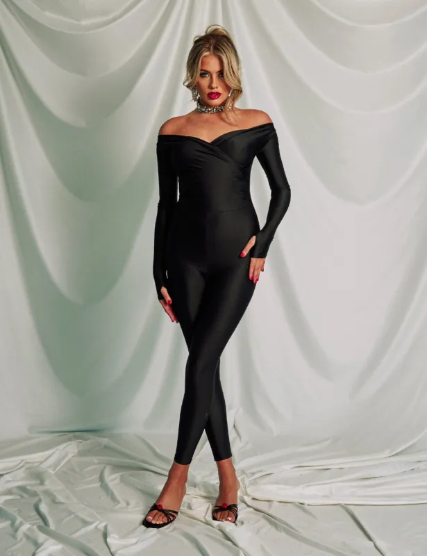Off Shoulder Ruched Long Sleeve Jumpsuit Black sold by Public Desire