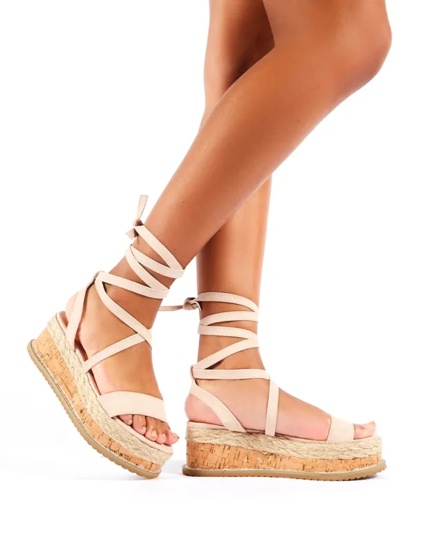 Fresca Lace up Gladiator Sandal in Nude Faux Suede sold by Public Desire