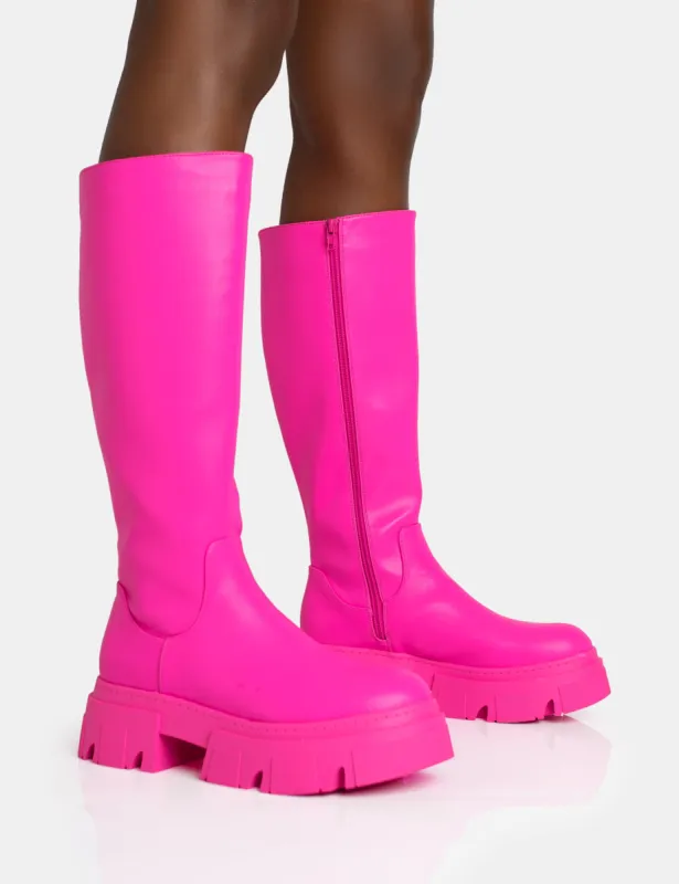 Scorpio Hot Pink Rubberised Pu Rounded Toe Chunky Sole Knee High Boots sold by Public Desire
