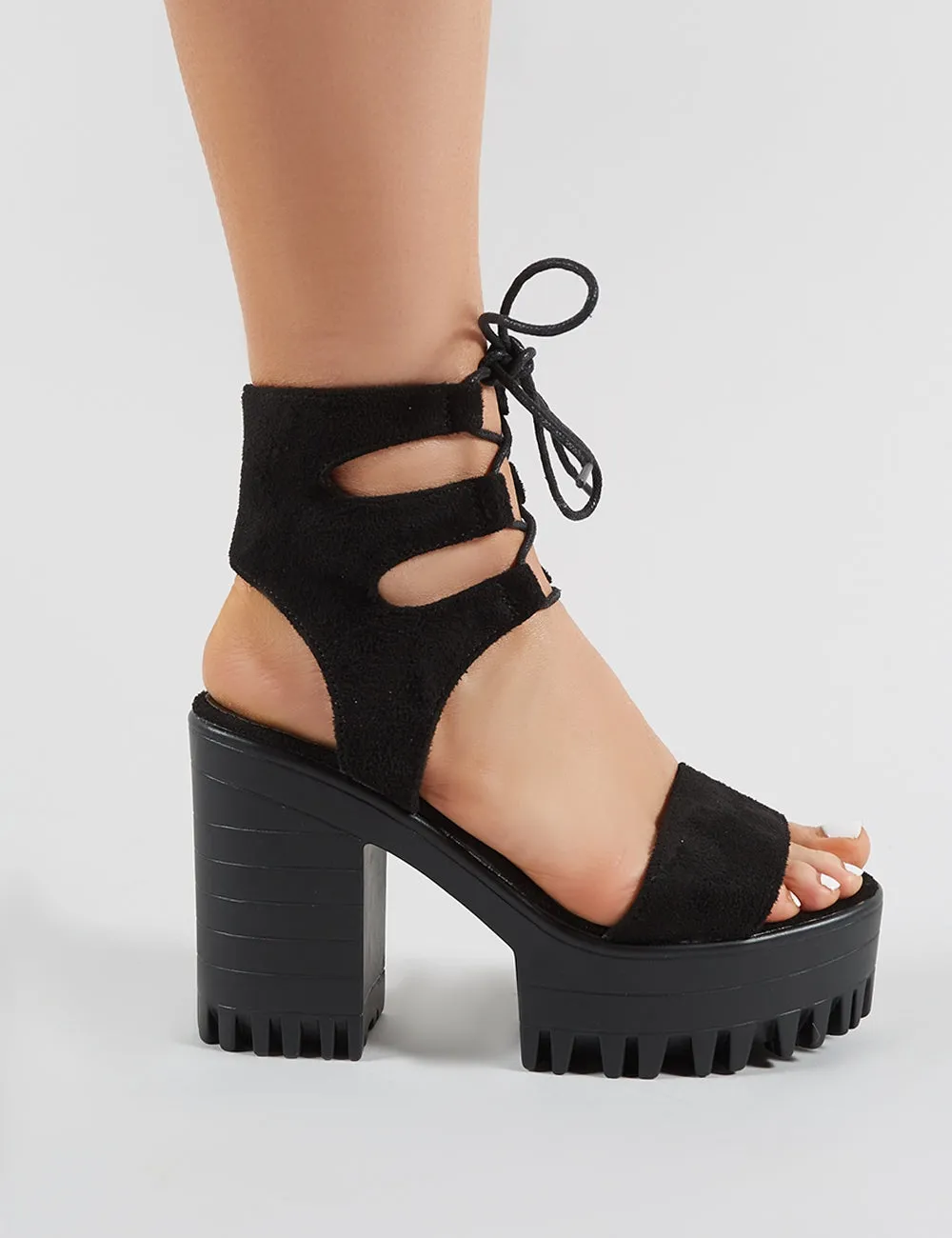 Hailey Lace Up Chunky Heels in Black Faux Suede sold by Public Desire product image thumbnail 5