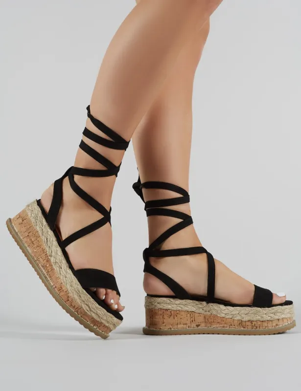Fresca Lace up Gladiator Sandal in Black Faux Suede made by Public Desire