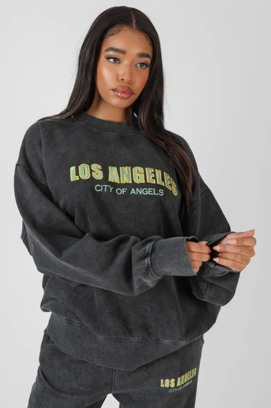 Los Angeles Acid Wash Oversized Sweatshirt Grey sold by Public Desire
