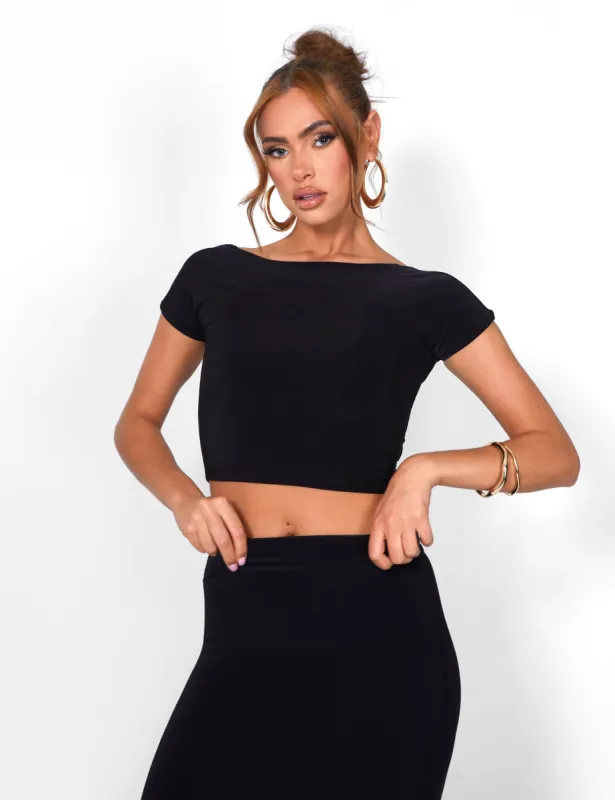 Kaiia Off Shoulder Slinky Cropped Top Co-ord in Black sold by Public Desire