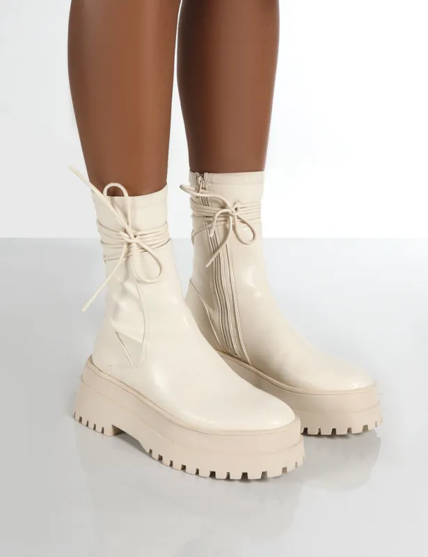 Finale Cream PU Chunky Wrap Around Boots sold by Public Desire