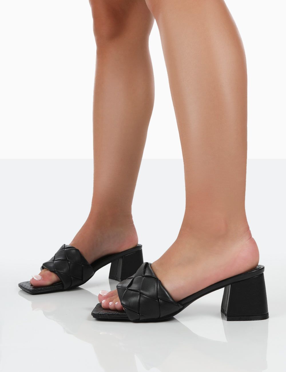 Play Nice Black PU Woven Square Toe Block Mid Heeled Sandals sold by Public Desire product image thumbnail 4