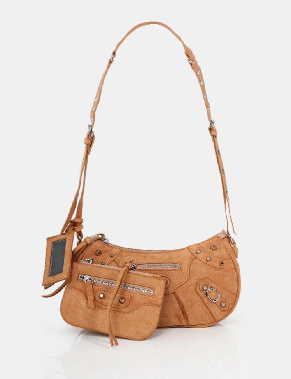 The Trackstar Tan Suede Studded Mirror Zip Detail Handbag sold by Public Desire
