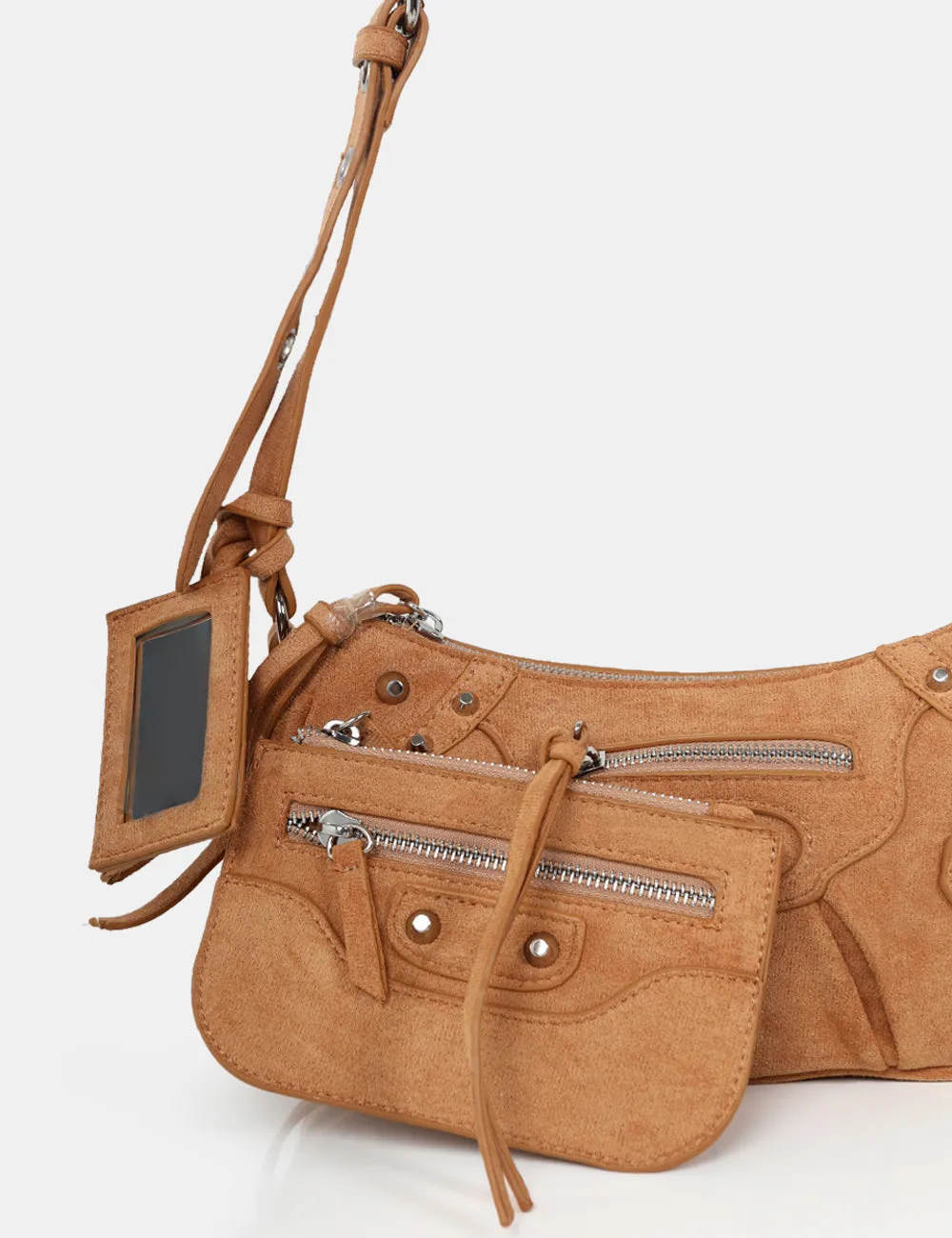 The Trackstar Tan Suede Studded Mirror Zip Detail Handbag sold by Public Desire product image thumbnail 3
