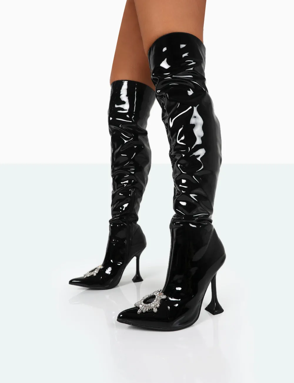 Sonny Black Patent Sparkly Diamante Stud Pointed Toe Stiletto Heel Over the Knee Boots sold by Public Desire product image thumbnail 3