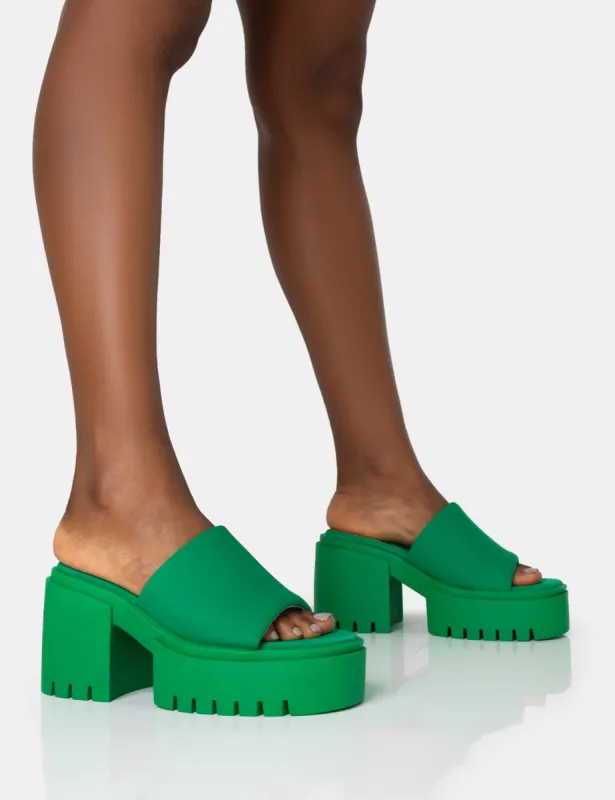 Sabeena Green Chunky Mule Round Toe Mid Heel Sandals sold by Public Desire